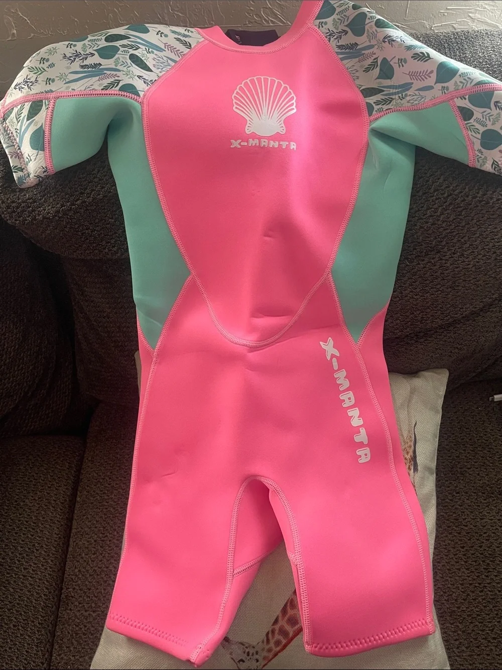 Girls Short-Sleeve Pink & Mint Swim Rashguard Suit with Printed Sleeves